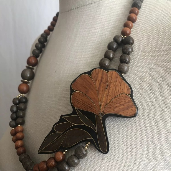 Boho Wood Gold Inlay Statement Pendant Necklace Artisan Flower Leaves Beads 26" - Picture 2 of 5